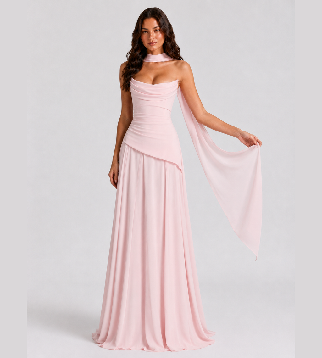 Strapless Scarf Drape Corset Maxi Dress - Pink