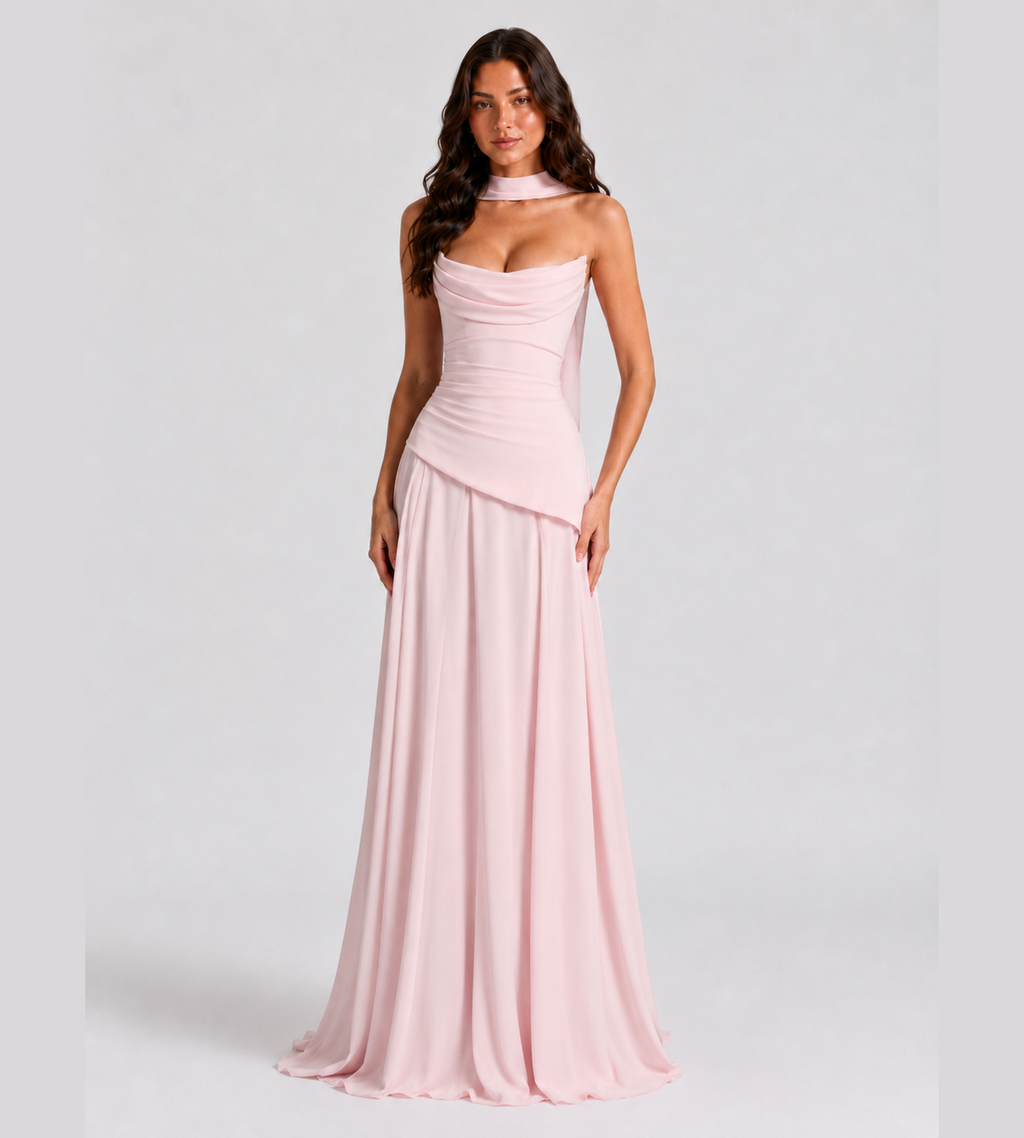 Strapless Scarf Drape Corset Maxi Dress - Pink