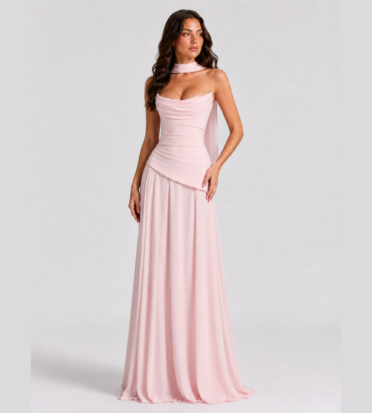 Strapless Scarf Drape Corset Maxi Dress - Pink