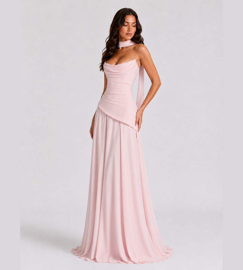 Strapless Scarf Drape Corset Maxi Dress - Pink